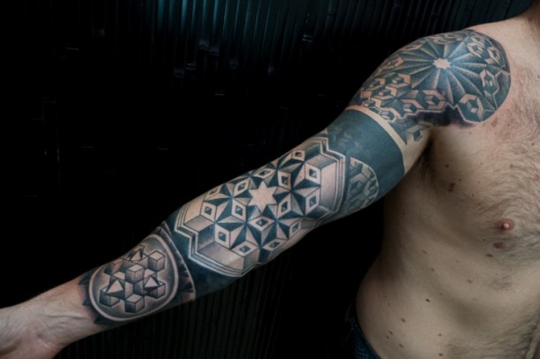 Black And White Geometric Tattoo On Sleeve by Thomas Hooper