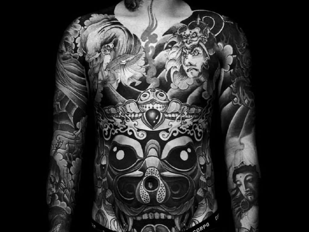 Black And White Japanese Demon Tattoo On Man Full Body