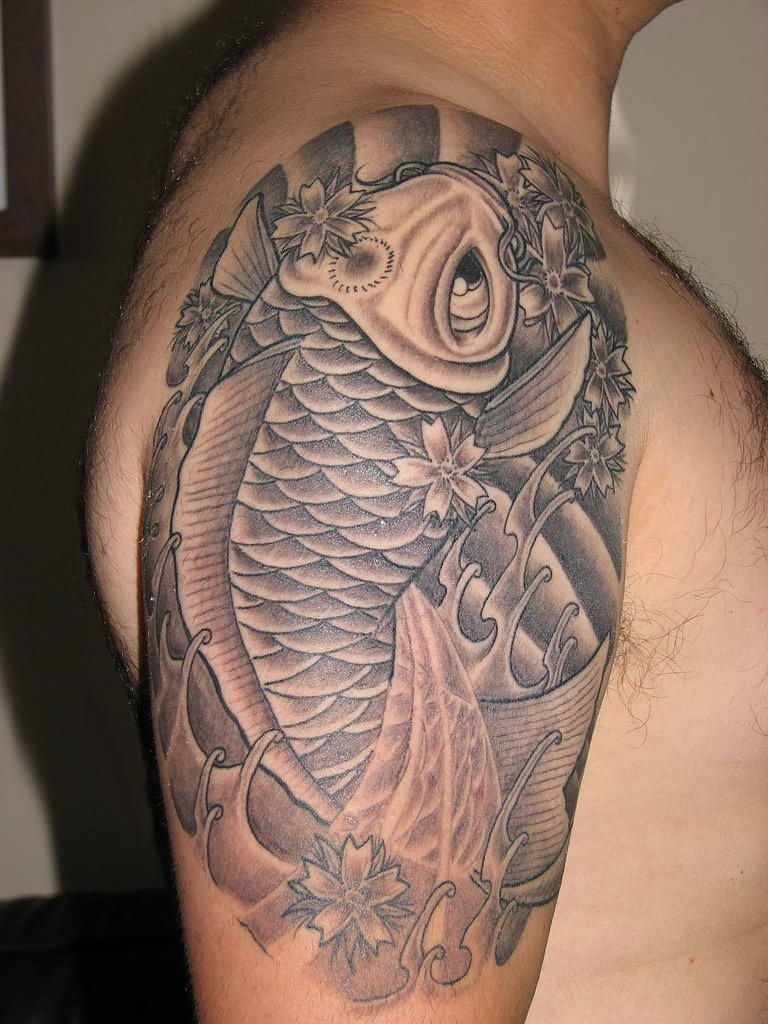Black And White Koi Fish Tattoo On Right Half Sleeve