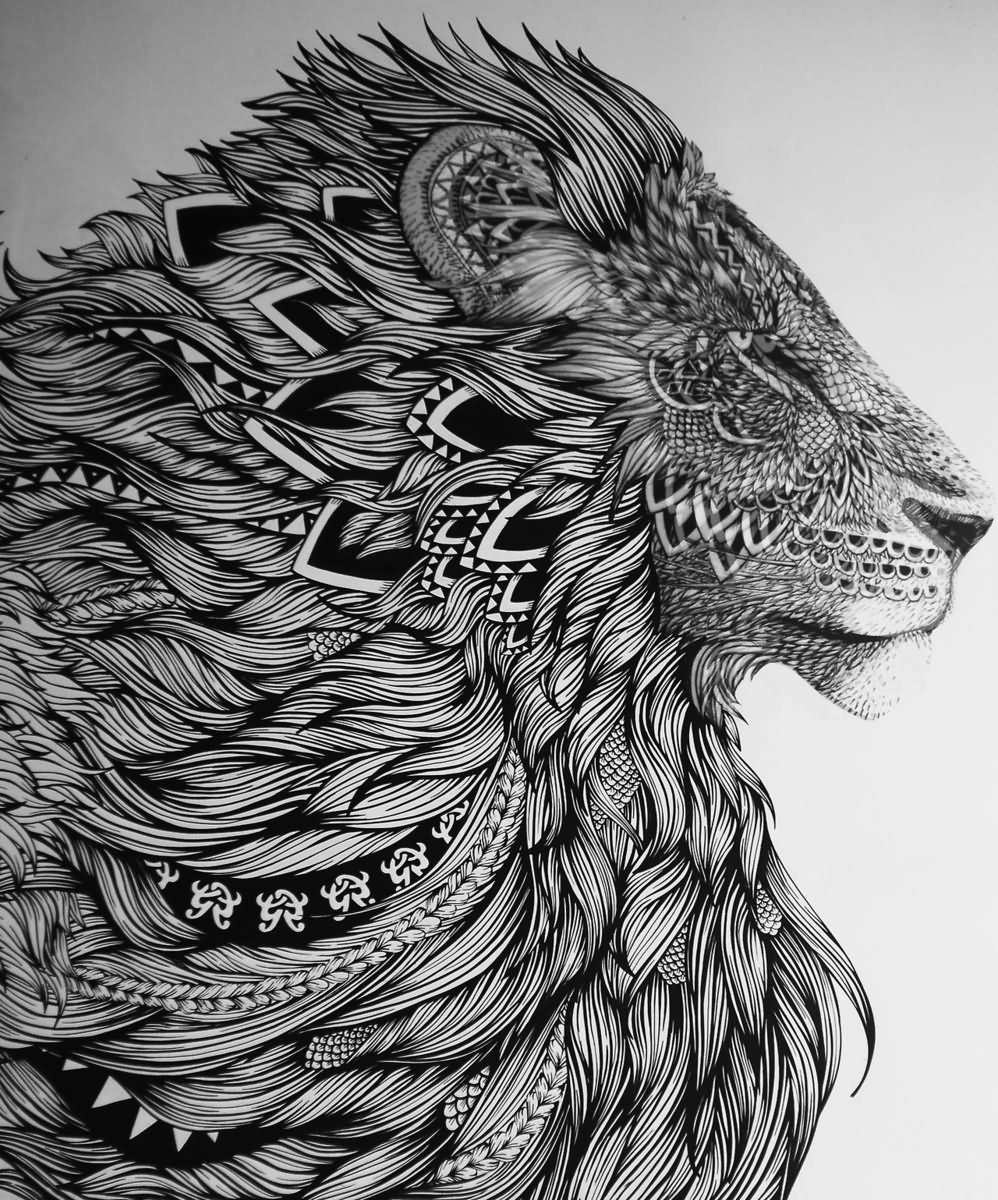 Black And White Lion Head Tattoo Design
