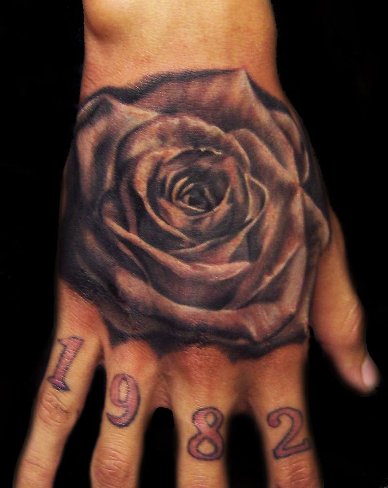 Black And White Memorial Rose Tattoo On Right Hand