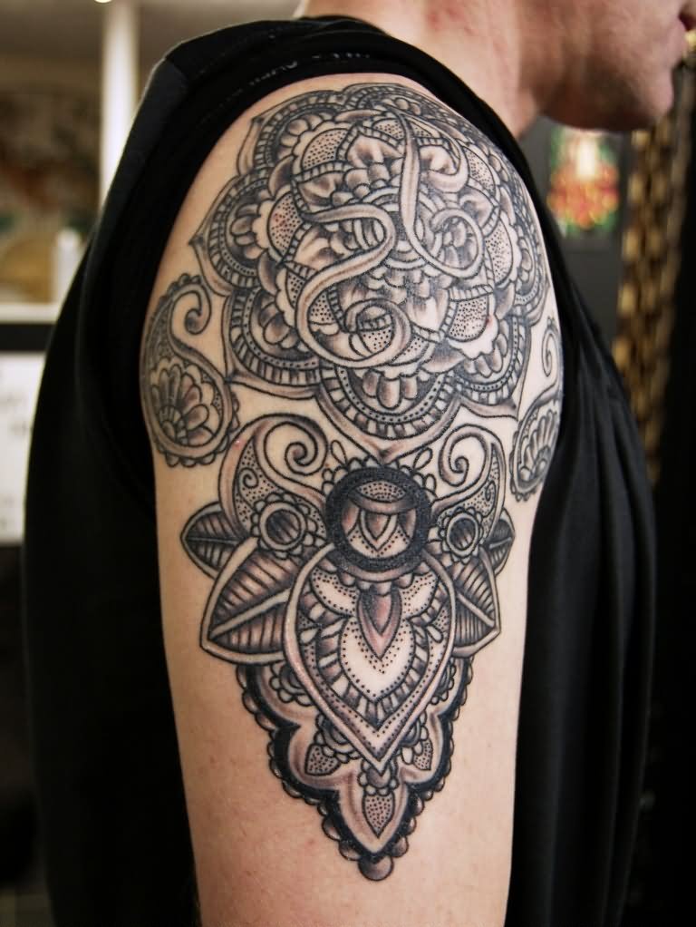 Black And White Nice Mandala Flower Tattoo On Right Shoulder