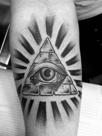 Black And White Pyramid Eye Tattoo On Forearm