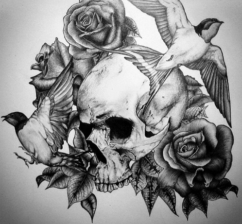 Black And White Rose Flowers And Skull Tattoo Designs