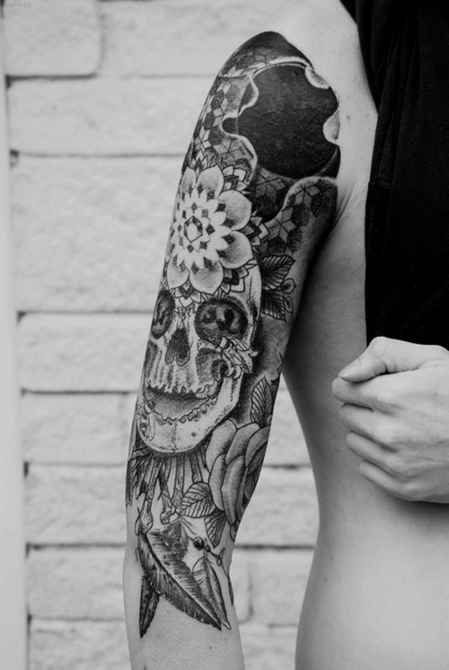 Black And White Skull Tattoo On Right Half Sleeve