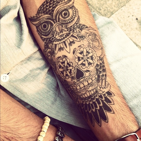 Black And White Sugar Skull In Owl Tattoo On Left Forearm