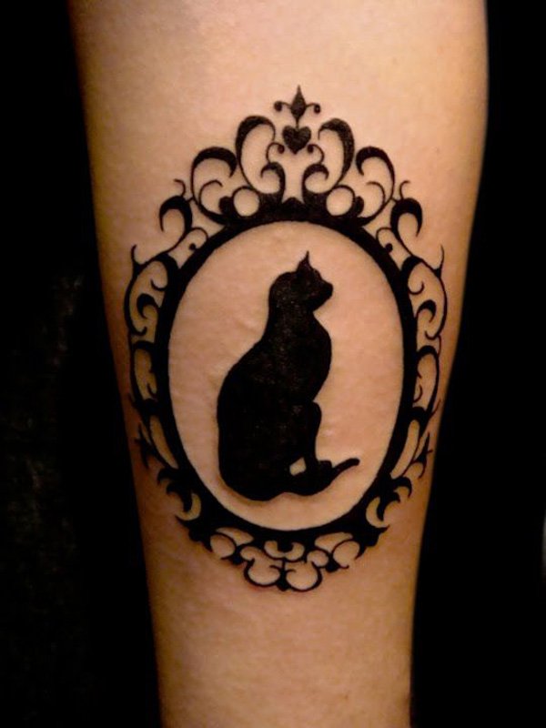 Black Cat In Frame Tattoo On Arm