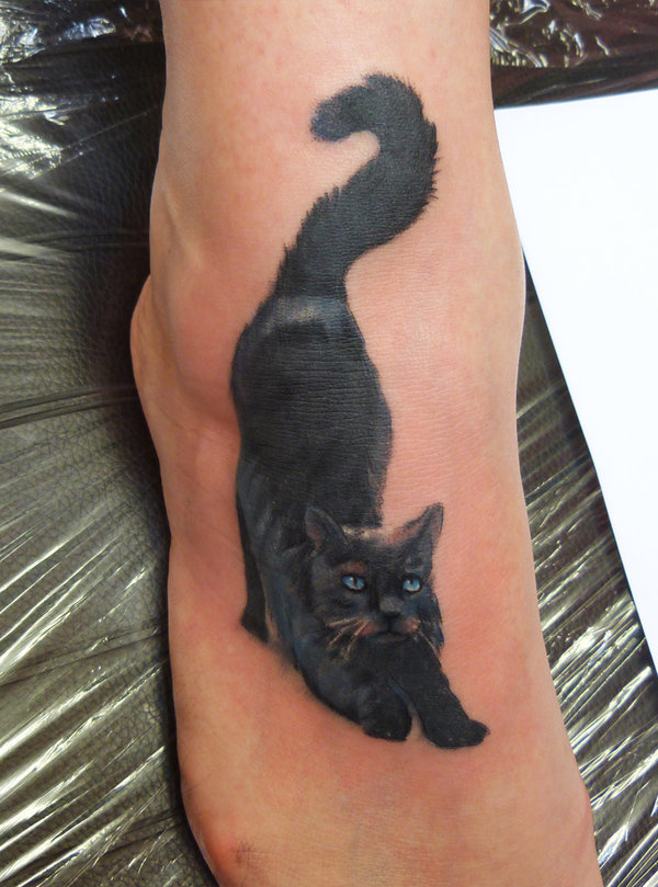 Black Cat Tattoo On Right Foot by Adalbert