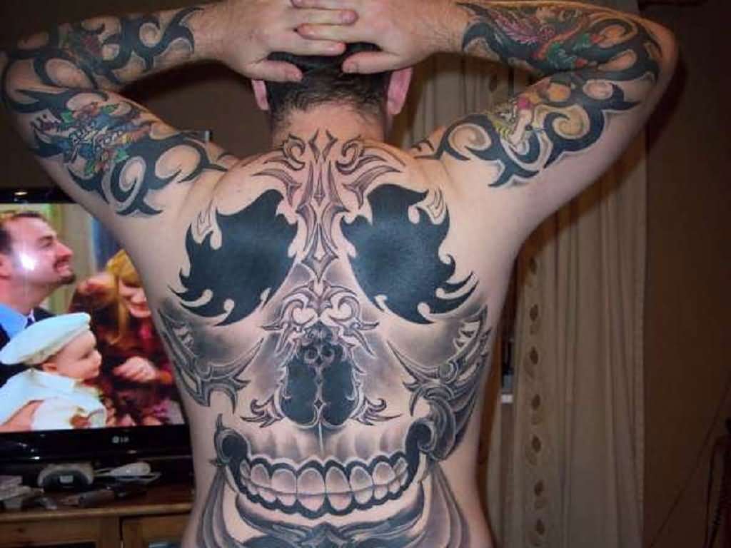 Black Eyes Grey Tribal Skull Tattoo On Full Back