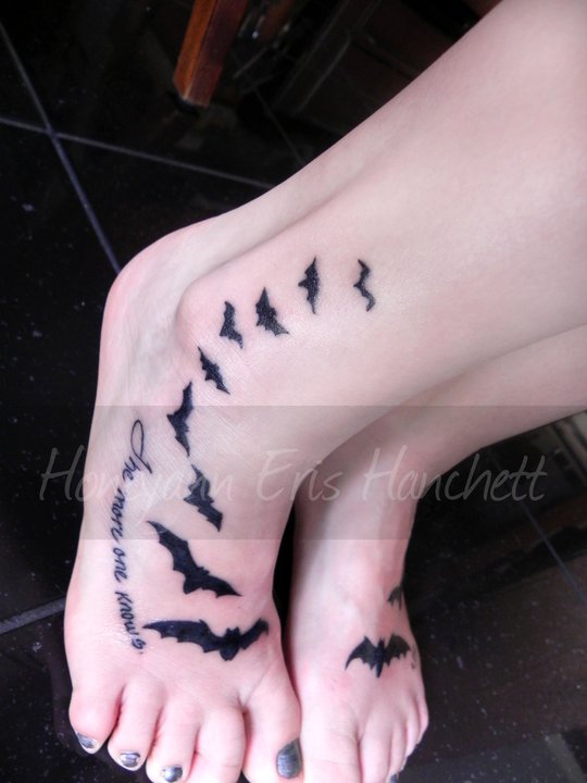 Black Flying Bats Tattoo On Girl Feet
