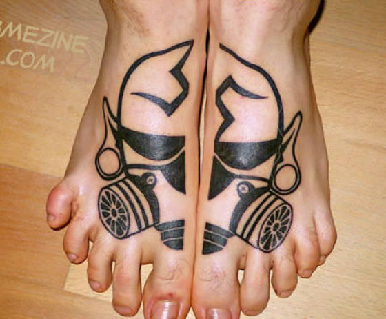 Black Gas Mask Tattoo On Feet