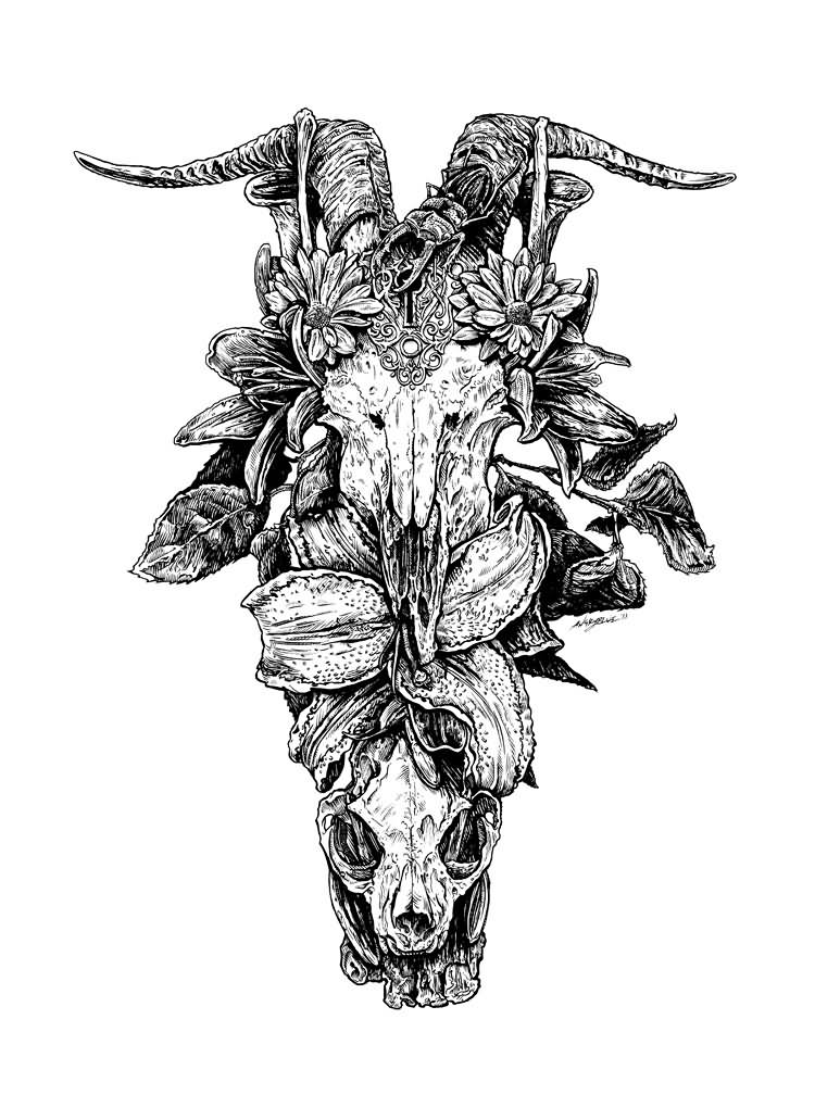 Black Goat Skull With Flowers Tattoo Design