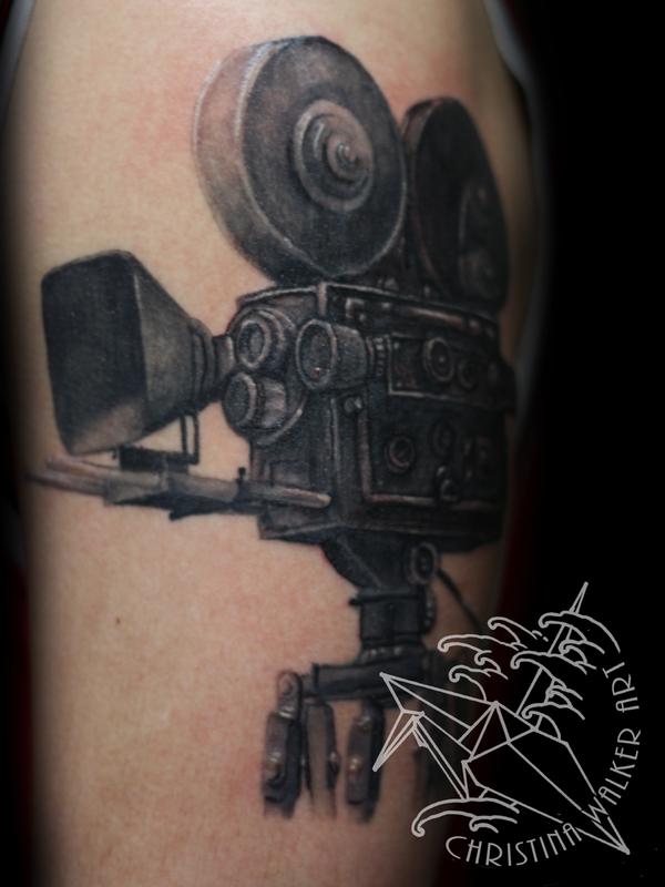 Black Ink 3D Movie Camera Tattoo Design
