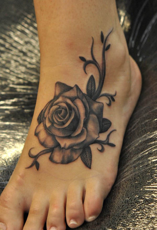 Black Ink 3D Rose Tattoo On Foot
