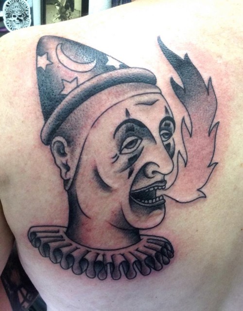 Black Ink Clown Head Tattoo On Left Back Shoulder