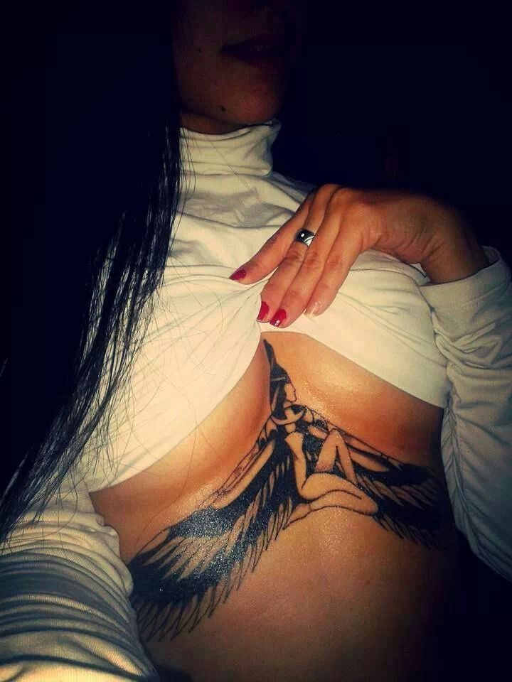 Black Ink Egyptian Queen Tattoo On Under Breast