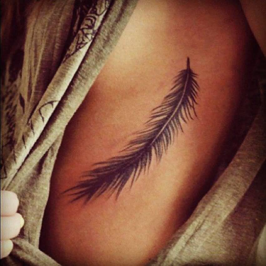 Black Ink Feather Tattoo Design For Under Breast