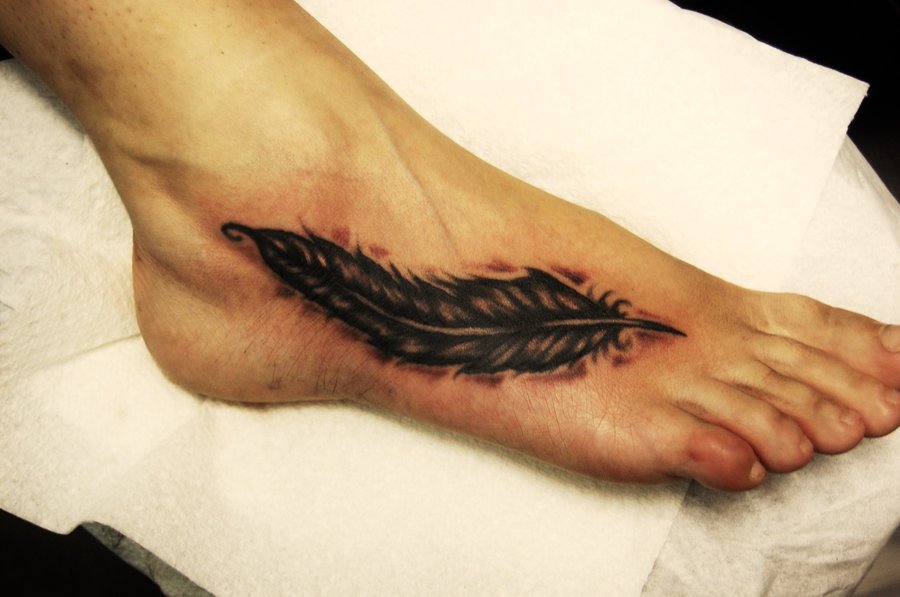 Black Ink Feather Tattoo On Foot By Nikita Nevermore