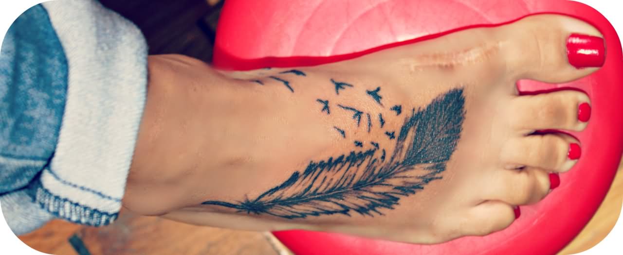 Black Ink Feather With Flying Birds Tattoo On Girl Foot