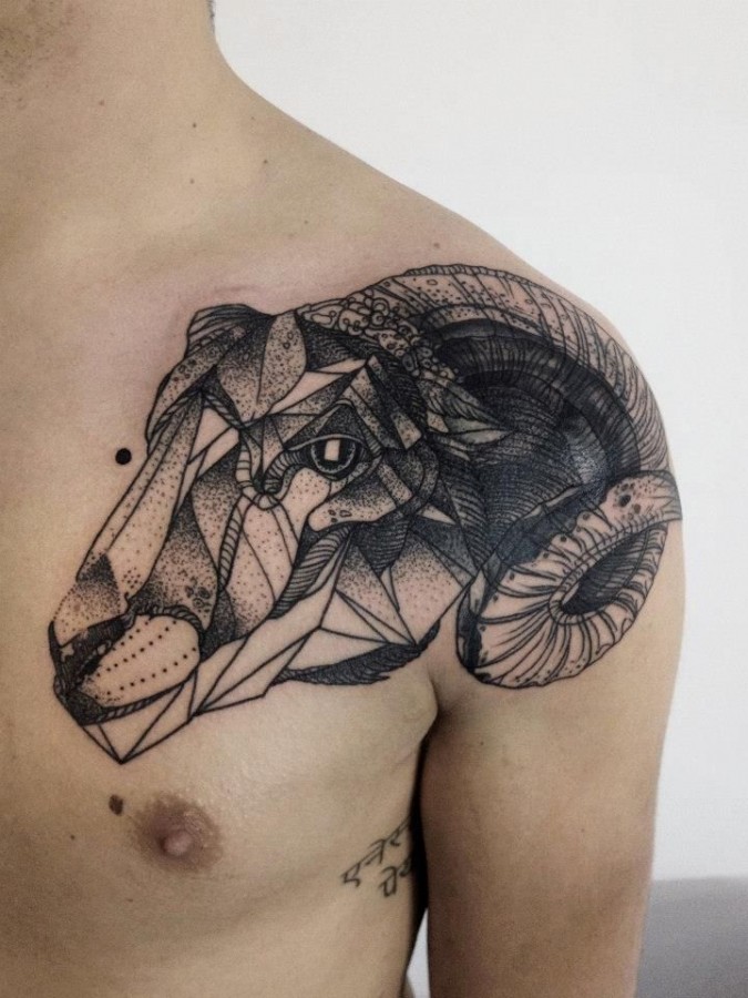 Black Ink Geometric Goat Head Tattoo On Man Left Front Shoulder
