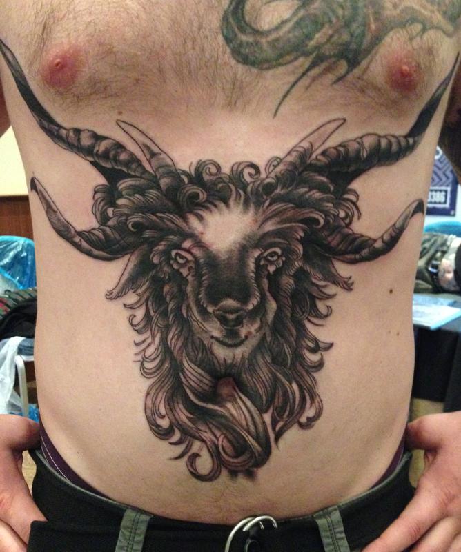 Black Ink Goat Head Tattoo On Stomach