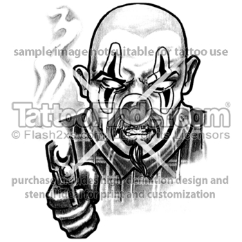 Black Ink Gun In Clown Hand Tattoo Design