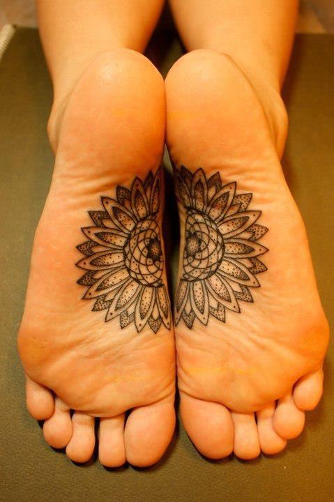 Black Ink Mandala Flower Tattoo On Under Feet