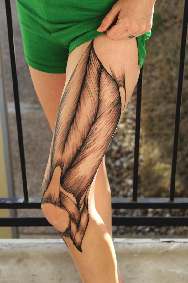 Black Ink Muscle Tattoo On Thigh
