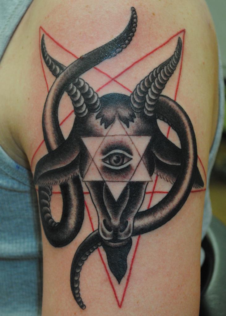 Black Ink One Eye Goat Heda Tattoo Design For Shoulder