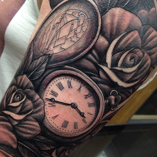 Black Ink Pocket Watch With Roses Tattoo Design For Sleeve