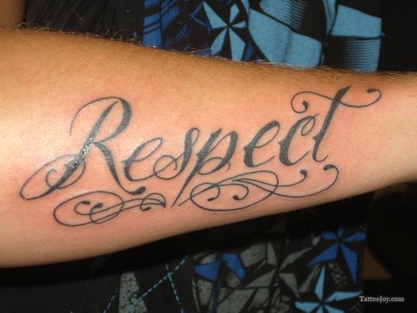 Black Ink Respect Tattoo On Right Sleeve