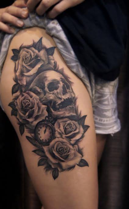 Black Ink Skull With Roses And Pocket Watch Tattoo On Thigh
