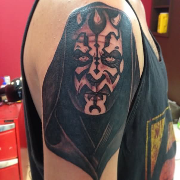 Black Ink Star War Darth Maul Face Tattoo On Man Right Half Sleeve