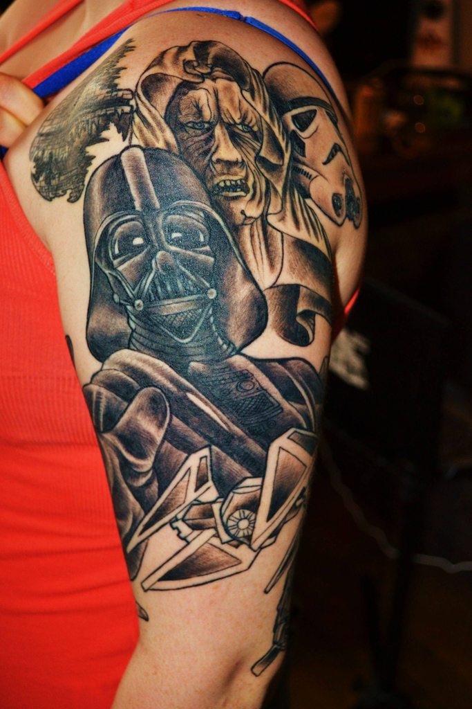 Black Ink Star War Emperor, Darth Vader And Stormtrooper Head Tattoo On Half Sleeve
