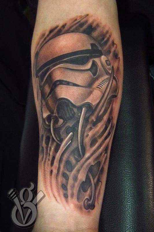 Black Ink Stormtrooper Tattoo On Forearm