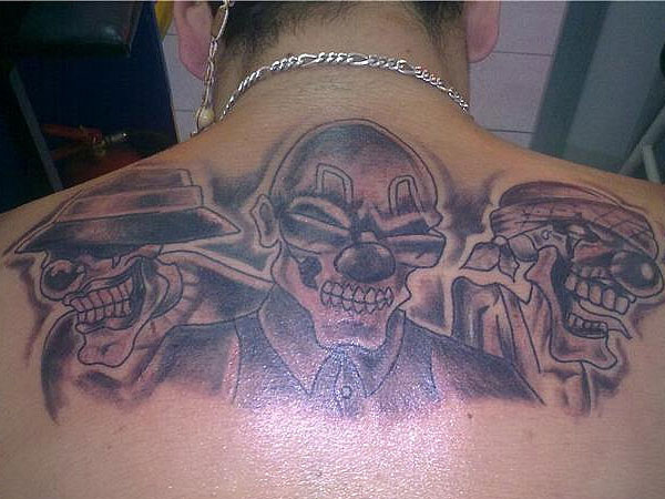 Black Ink Three Clown Tattoo On Upper Back