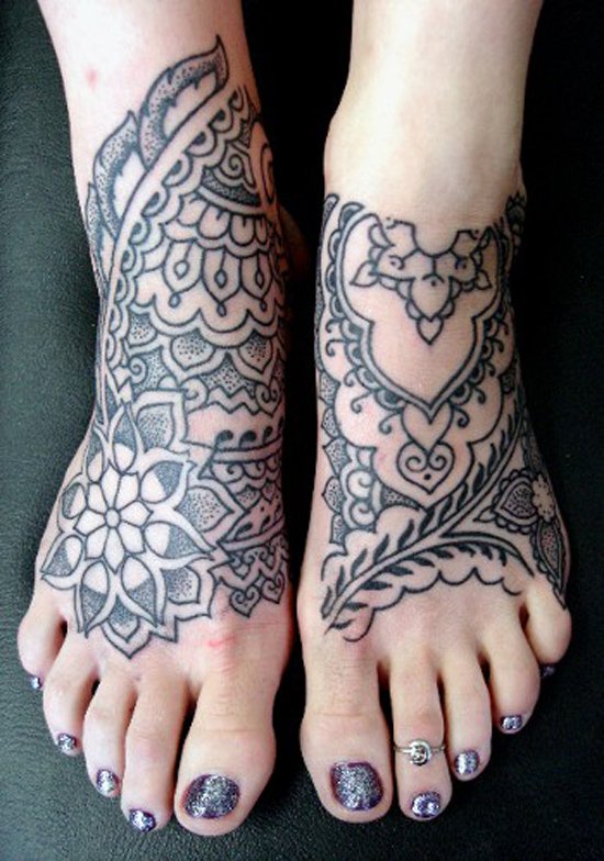 Black Mandala Flowers Tattoo On Girl Feet