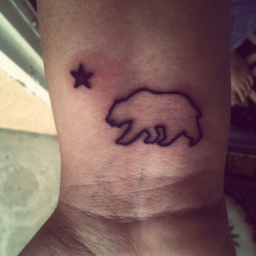 Black Outline Bear With Star Tattoo On Wrist