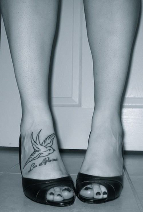 Black Outline Bird Tattoo On Girl Foot