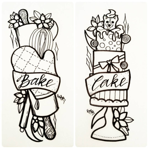 Black Outline Rolling Pin And Cake With Banner Tattoo Stencil