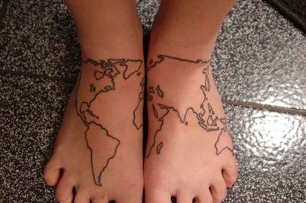 Black Outline World Map Tattoo On Feet