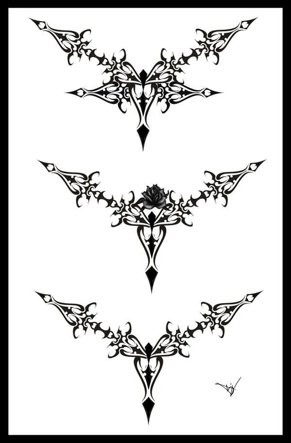 Black Three Gothic Lace Tattoo Design For Under Breast