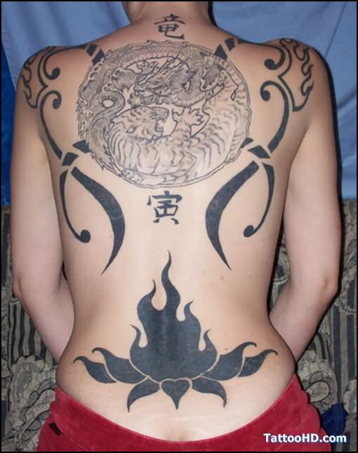Black Tribal Tattoo On Girl Full Back Body