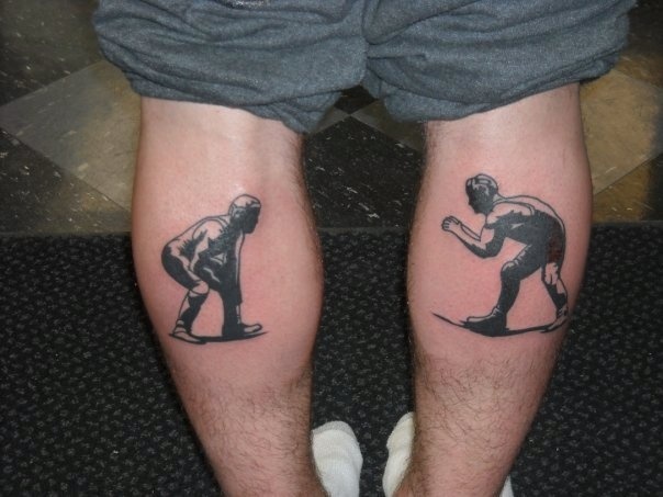 Black Two Wrestlers Tattoo On Both Leg Calf
