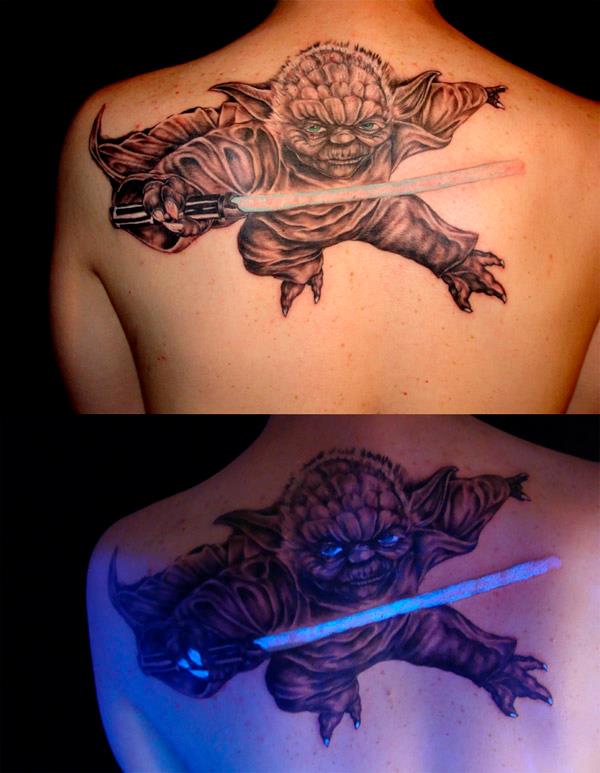 Blacklight Star War Yoda Tattoo On Upper Back