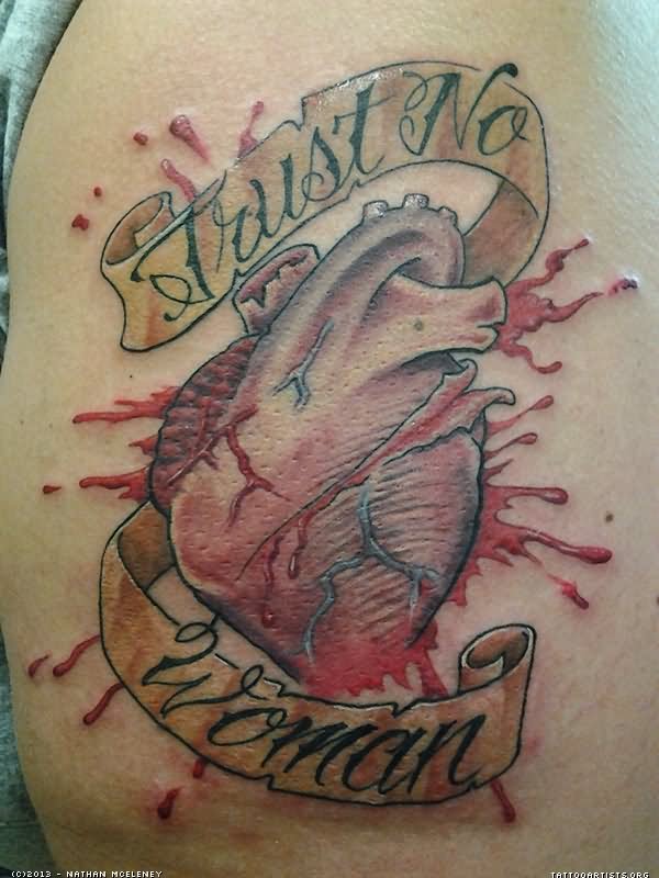 Bleeding Heart With Trust No Woman Banner Tattoo