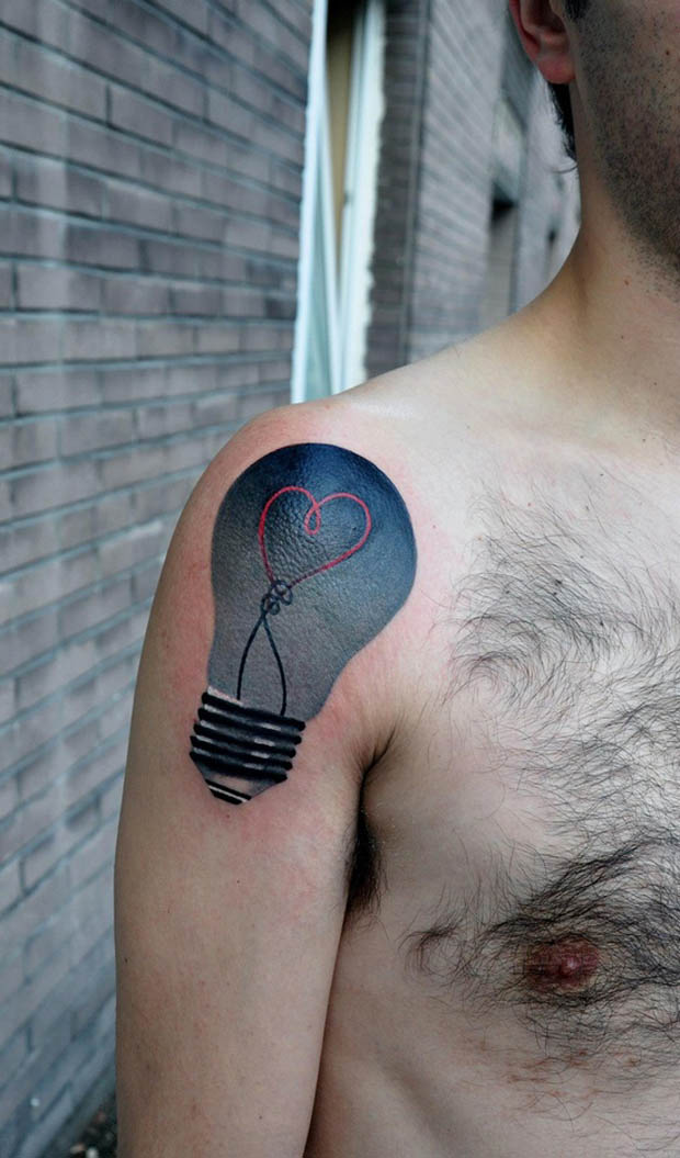 Blue Bulb Tattoo On Man Right Shoulder