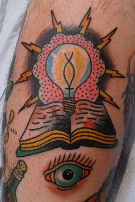 Book And Light Bulb Tattoo On Leg