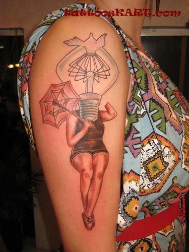Bulb Head Girl Tattoo On Right Half Sleeve