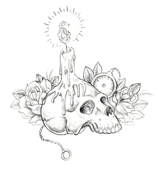 Burning Candle On Skull With Pocket Watch And Roses Tattoo Design